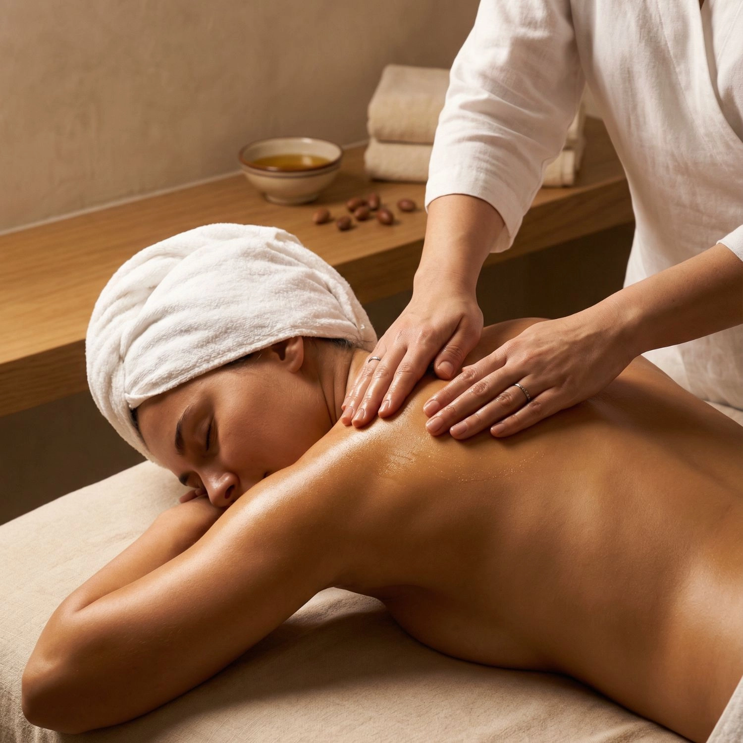 Masseuse appliquant l'huile de massage à l'argan Belmés Profissional sur le dos d'une cliente en spa – noix d'argan visibles en arrière-plan