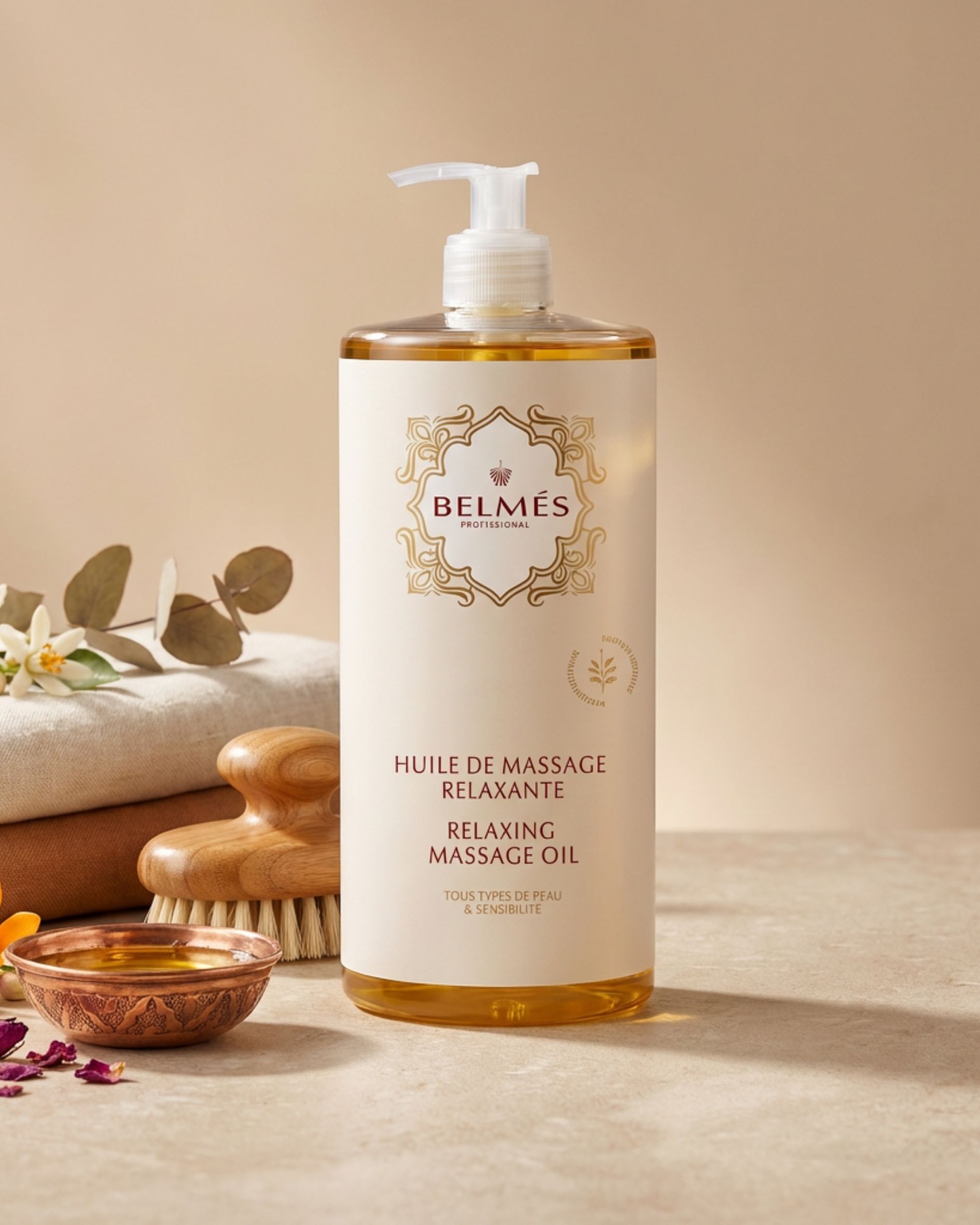 Huile de Massage Relaxante Belmés Profissional – Relaxing Oil Naturel Tous Types de Peau Flacon huile de massage relaxante Belmés Profissional – rouleau bois massager brosse bol cuivré fleurs eucalyptus et serviettes en arrière-plan
