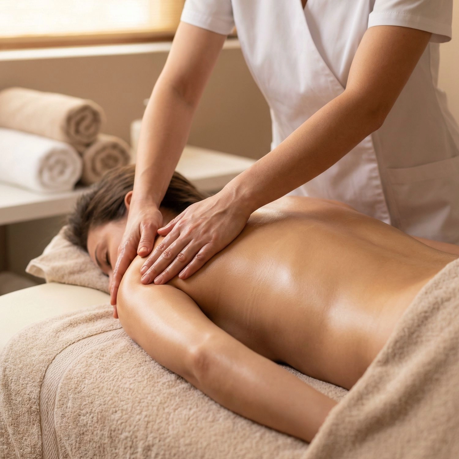 Masseuse en blouse blanche massant le dos huilé d'une cliente en cabine spa – huile de massage naturelle Belmés Profissional soin corps