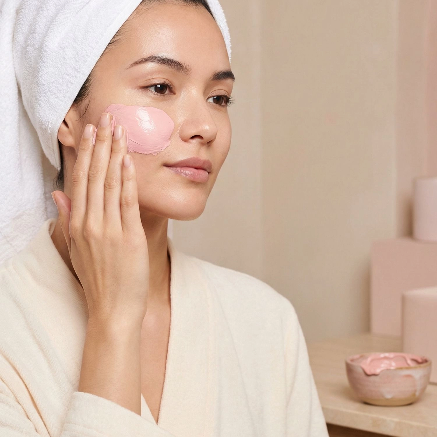 Femme appliquant le masque argile rose Belmés Profissional sur la joue – soin visage purifiant peau sensible naturel